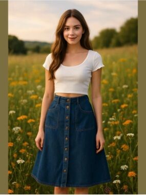 Vintage 80’s Blue Denim A-Line Metal Snap Front Skirt size 6